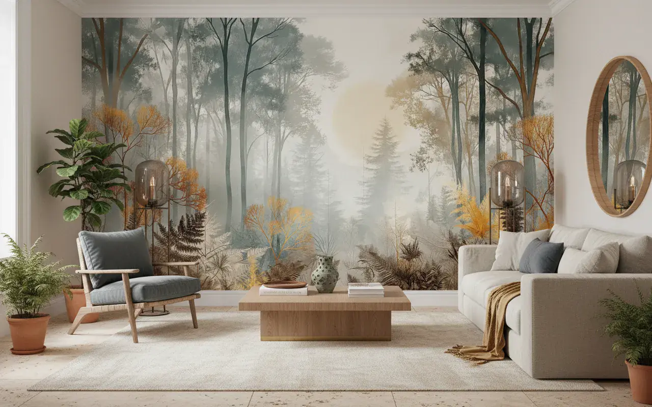 Papier peint forêt mystérieuse dans un salon élégant Papier peint forêt mystérieuse dans un salon élégant